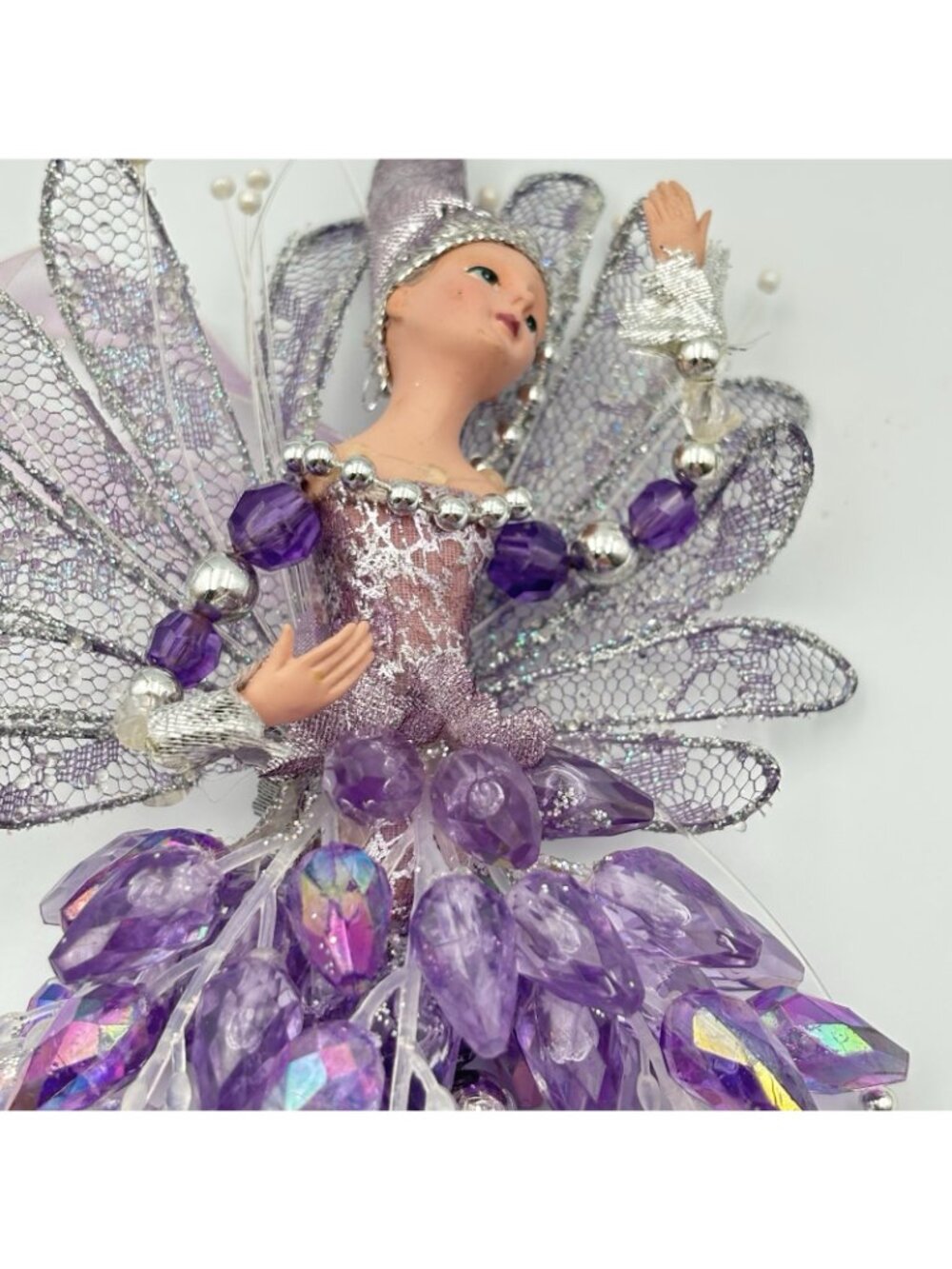 Vintage Purple Pixie Fairy Christmas Tree Ornament Hanging Beaded Shiny 8” Girl - Picture 7 of 16